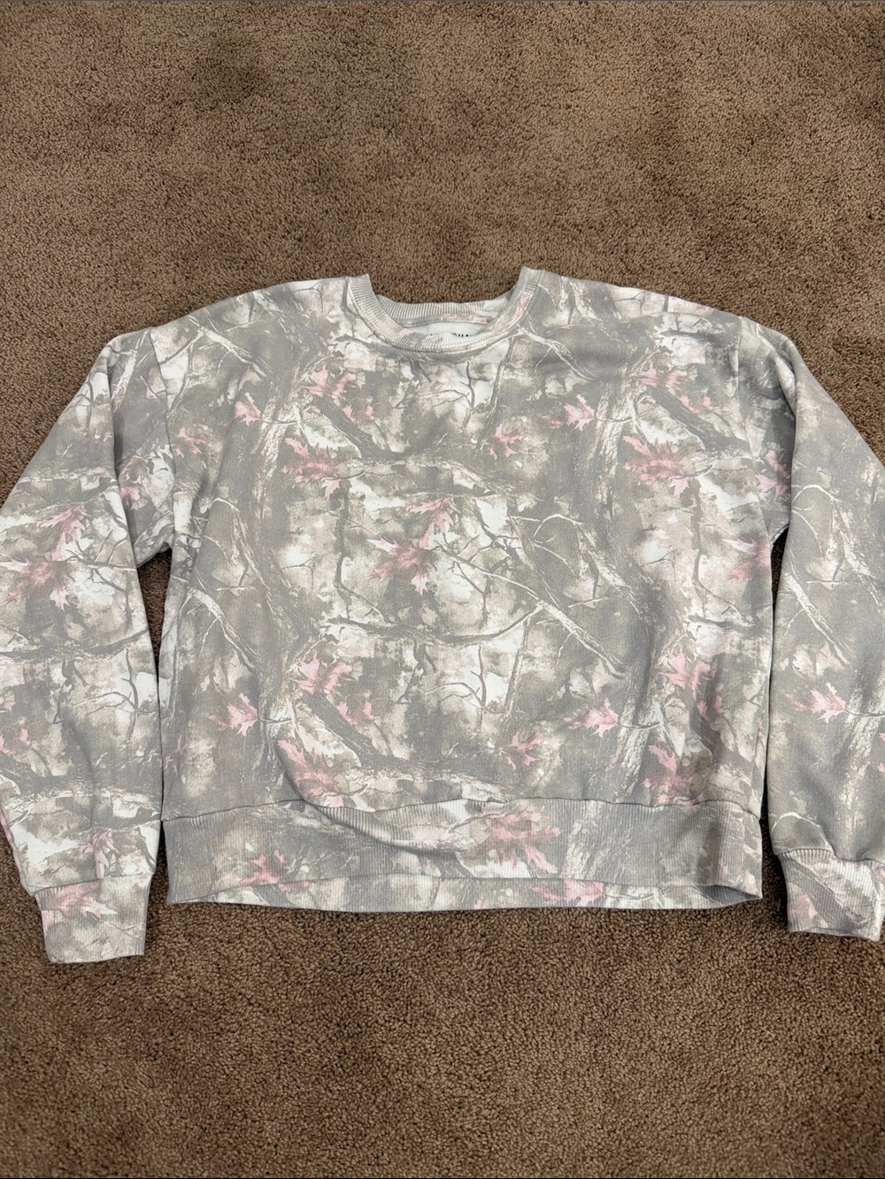 Modern Lux Gray Crewneck Sweater with Soft Pink Floral Accents in camo